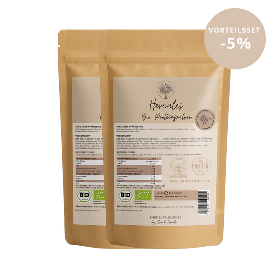 Premium Hercules Bio Proteinpulver Mix (Vegan & Bio | 63% Proteinanteil | 4 hochwertige-Proteinquellen | + Kakao, Vanille, Lucuma, Zimt, Maca, Spirulina & Dattelpulver | Clean, cremig & lecker)