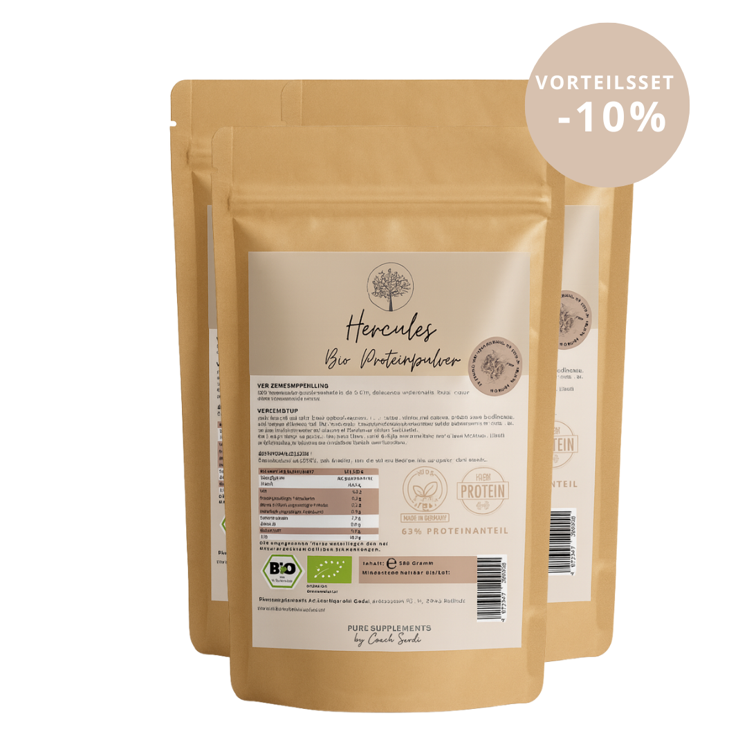 Premium Hercules Bio Proteinpulver Mix (Vegan & Bio | 63% Proteinanteil | 4 hochwertige-Proteinquellen | + Kakao, Vanille, Lucuma, Zimt, Maca, Spirulina & Dattelpulver | Clean, cremig & lecker)