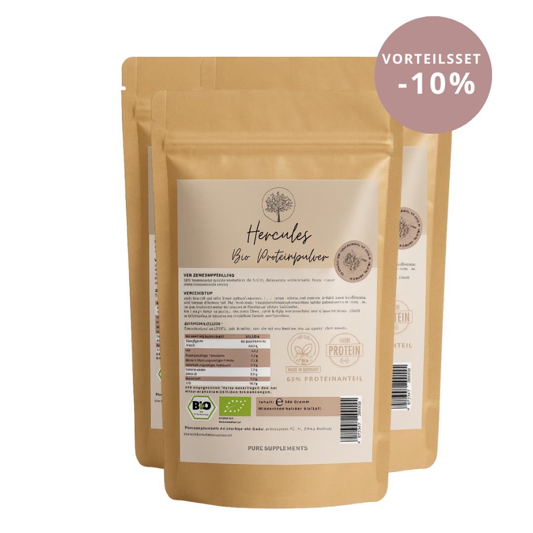 Premium Hercules Bio Proteinpulver Mix (Vegan & Bio | 63% Proteinanteil | 4 hochwertige-Proteinquellen | + Kakao, Vanille, Lucuma, Zimt, Maca, Spirulina & Dattelsüße | Clean, cremig & lecker)