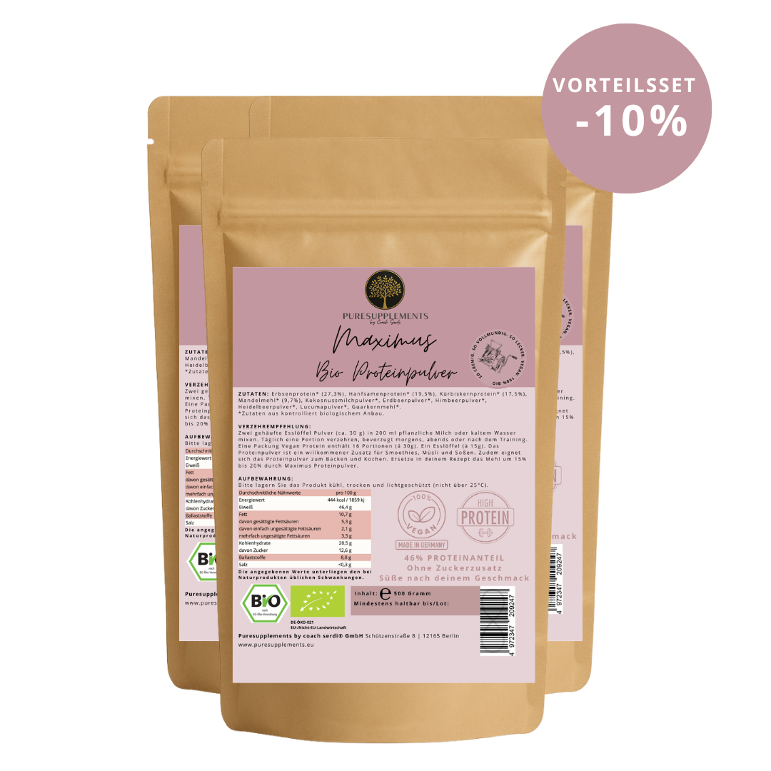 Premium Maximus Bio Proteinpulver Mix mit Erdbeere, Heidelbeere & Himbeere (Beerenstark, ungesüßt, Bio, 46% Proteinanteil, Vegan, 4-Komponenten-Proteinpower, cremig&lecker)