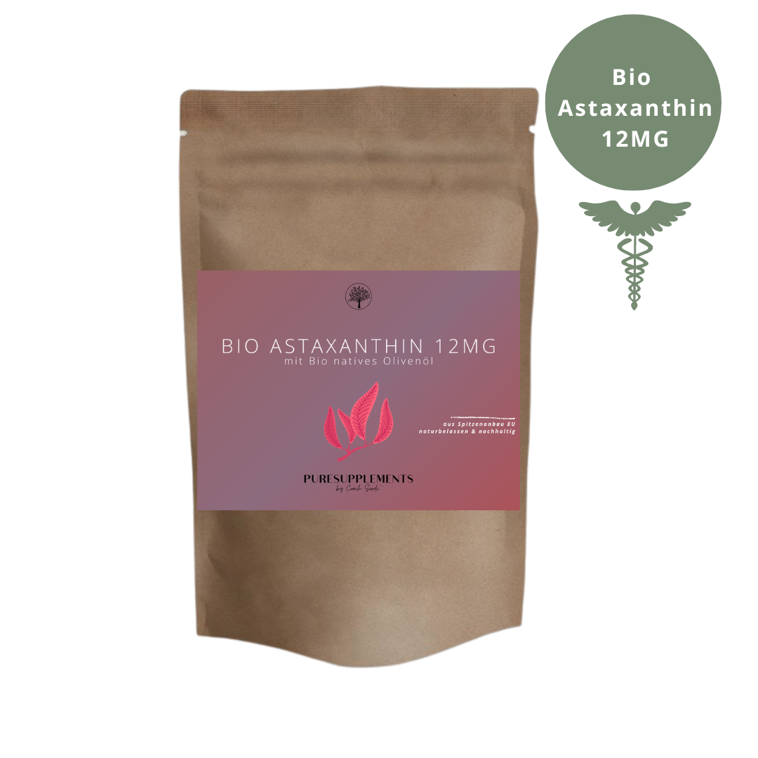Premium Bio Astaxanthin 12mg mit Bio Olivenöl aus Spitzenanbau Europa (Extra Stark, Hochdosiert, Vollspektrum Komplex, vegan, Kaltpressung nativ, 60 Kapseln)
