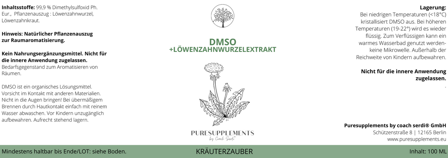Löwenzahnwurzelextrakt mit DMSO (1:5 Pflanzenauszug, Raumduft Aromazusatz, 100ml, alkoholfrei, Spitzenanbau Deutschland)