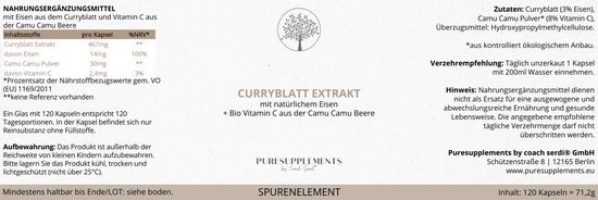 Premium Eisen aus Curryblatt mit Bio Camu Camu Pulver (Eisen + Vitamin C, 120 Kapseln, vegan, 100% pflanzlich, Icpoes Extraktion)