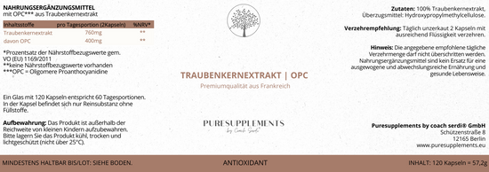 Premium Nativ-OPC exGrape SEED® Traubenkernextrakt aus Spitzenanbau Frankreich (Rebsorten Pinot und Chardonnay, hochreine Wasserextraktion, Sulfit-frei, 400mg echtes OPC)