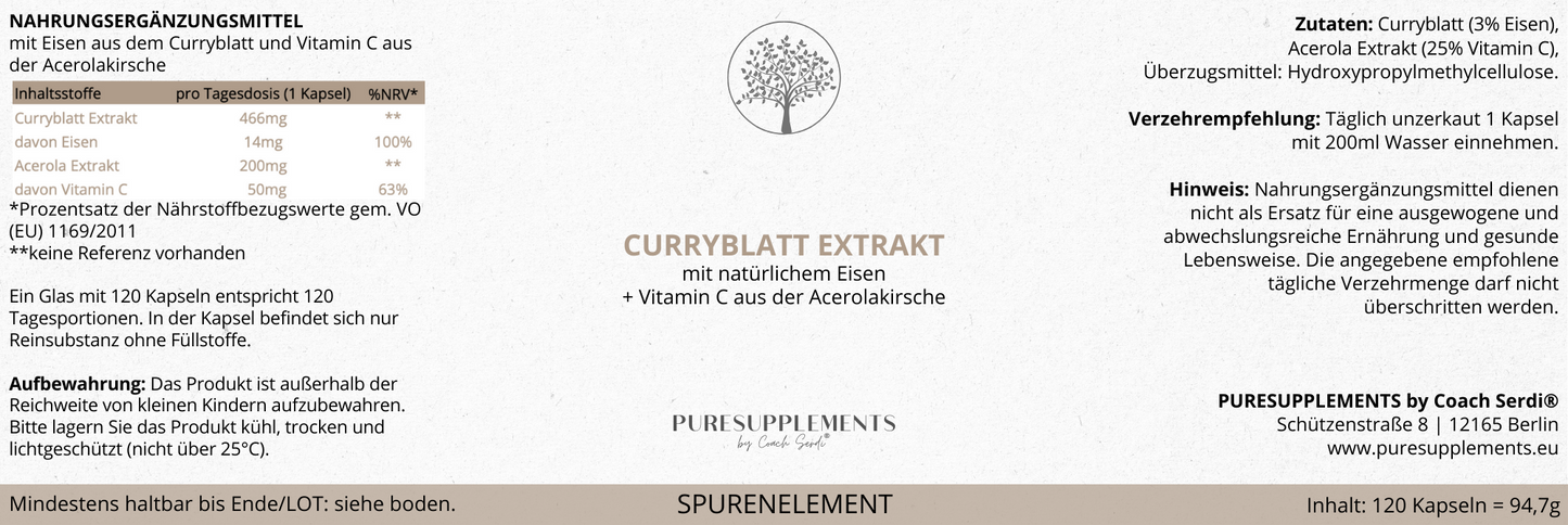 Premium Eisen aus Curryblatt mit Acerola Extrakt  (Eisen + Vitamin C, 120 Kapseln, vegan, 100% pflanzlich, Wasserextraktion)