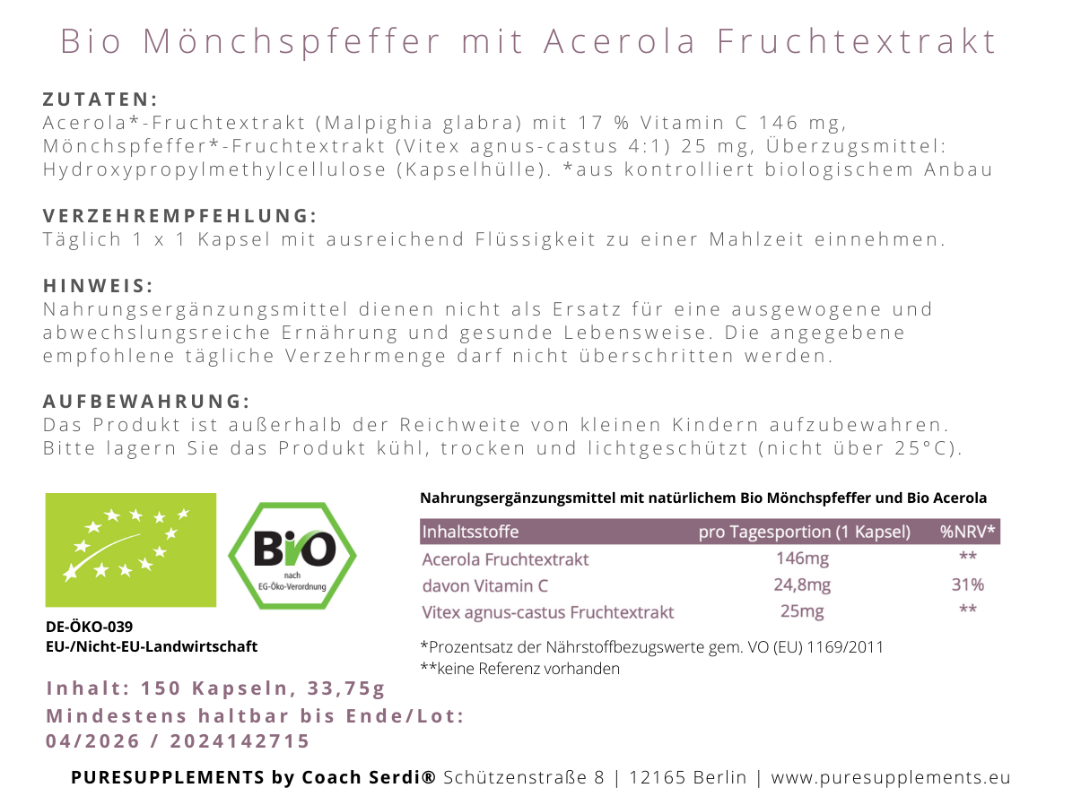 APRIL DEAL: Premium Bio Mönchspfeffer Spezial Fruchtextrakt mit Bio Acerola-Fruchtextrakt 17% (4:1 Spezial Extrakt, Yin & Yang Balance, Wasserextraktion)