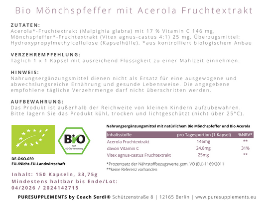 Premium Bio Mönchspfeffer Spezial Fruchtextrakt mit Bio Acerola-Fruchtextrakt 17% (4:1 Spezial Extrakt, Yin & Yang Balance, Wasserextraktion)