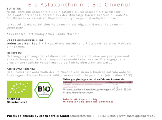 Premium Bio Astaxanthin 12mg mit Bio Olivenöl aus Spitzenanbau Europa (Extra Stark, Hochdosiert, Vollspektrum Komplex, vegan, Kaltpressung nativ, 60 Kapseln)