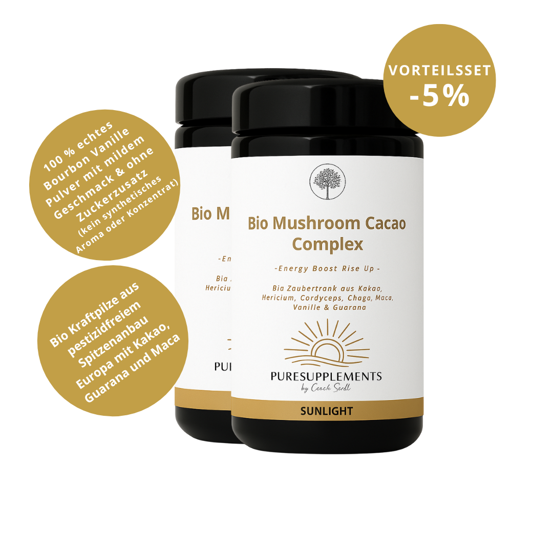 2 x Bio Mushroom Kakao Komplex -Sunlight- (Synergetikum Energy Boost, Bio Premium Rohkostqualität, Kraftpilze Hericium, Chaga & Cordyceps  EU-Anbau, Kakao Pulver,  Maca Pulver & Guarana Pulver mit echtem Vanille Pulver, 100g, Mironglas)