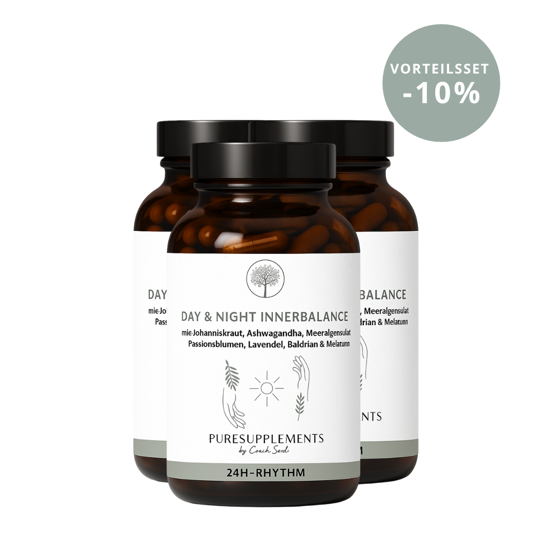 Day & Night Innerbalance Schlaf-Wach-Komplex (100% Pflanzenkomplex aus Johanniskraut,  Baldrian, Ashwagandha, Lavendel, Passionsblume, Bio Magnesium & Melatonin , Wach & Schlaf Rythmus)