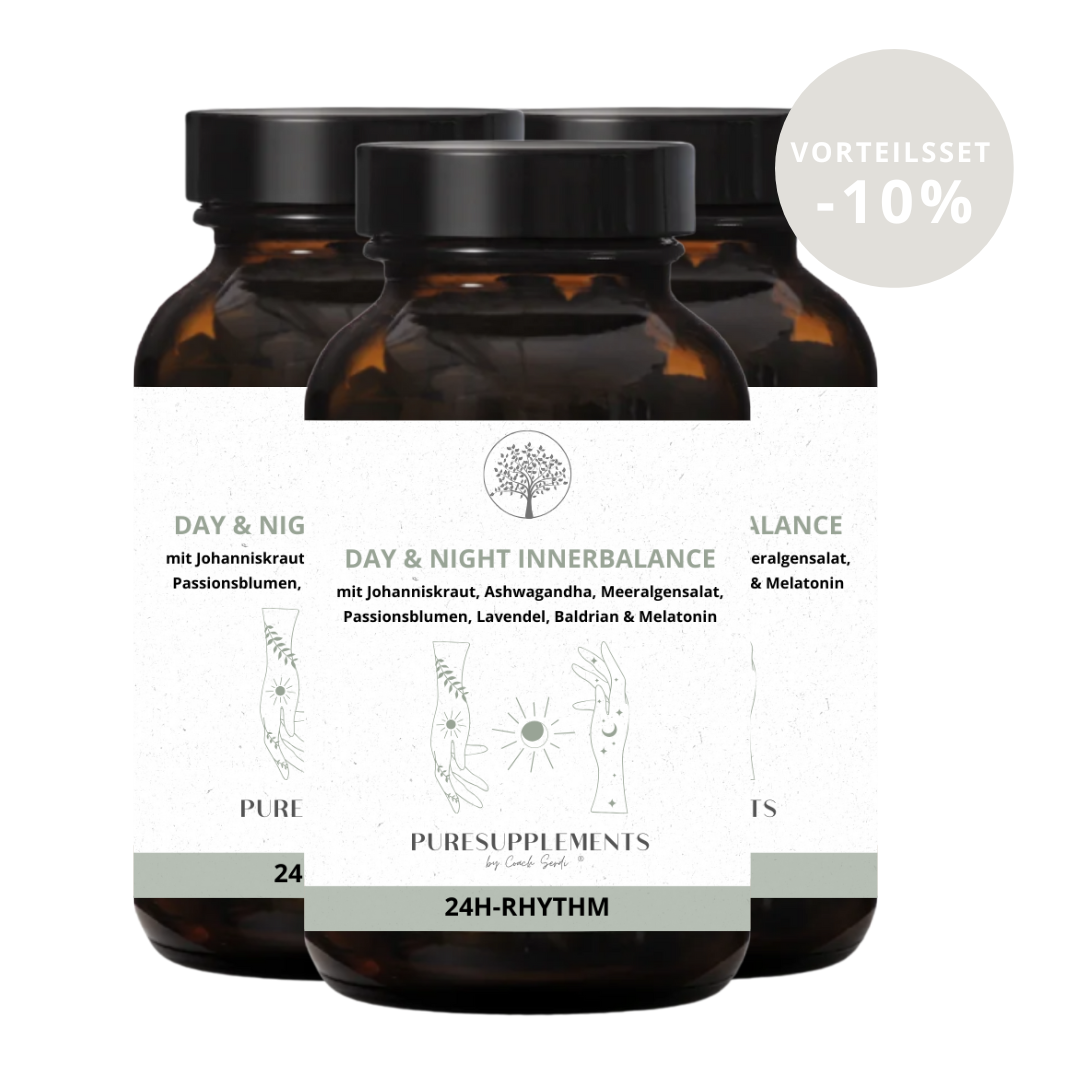 DAY & NIGHT INNERBALANCE (100% Pflanzenkomplex aus Johanniskraut,  Baldrian, Ashwagandha, Lavendel, Passionsblume, Bio Magnesium & Melatonin , Wach & Schlaf Rythmus)