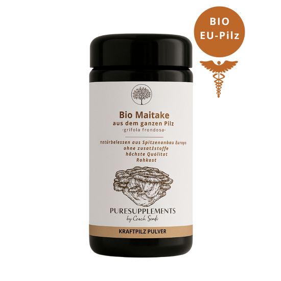 Bio Maitake Pilz aus Spitzenanbau Europa (Synergetikum Vitalstoffkomplex, Premium Rohkostqualität, hochwertiger Vollspektrum Kraftpilz aus pestizidfreiem EU-Anbau, Pulver, 80g, Mironglas)