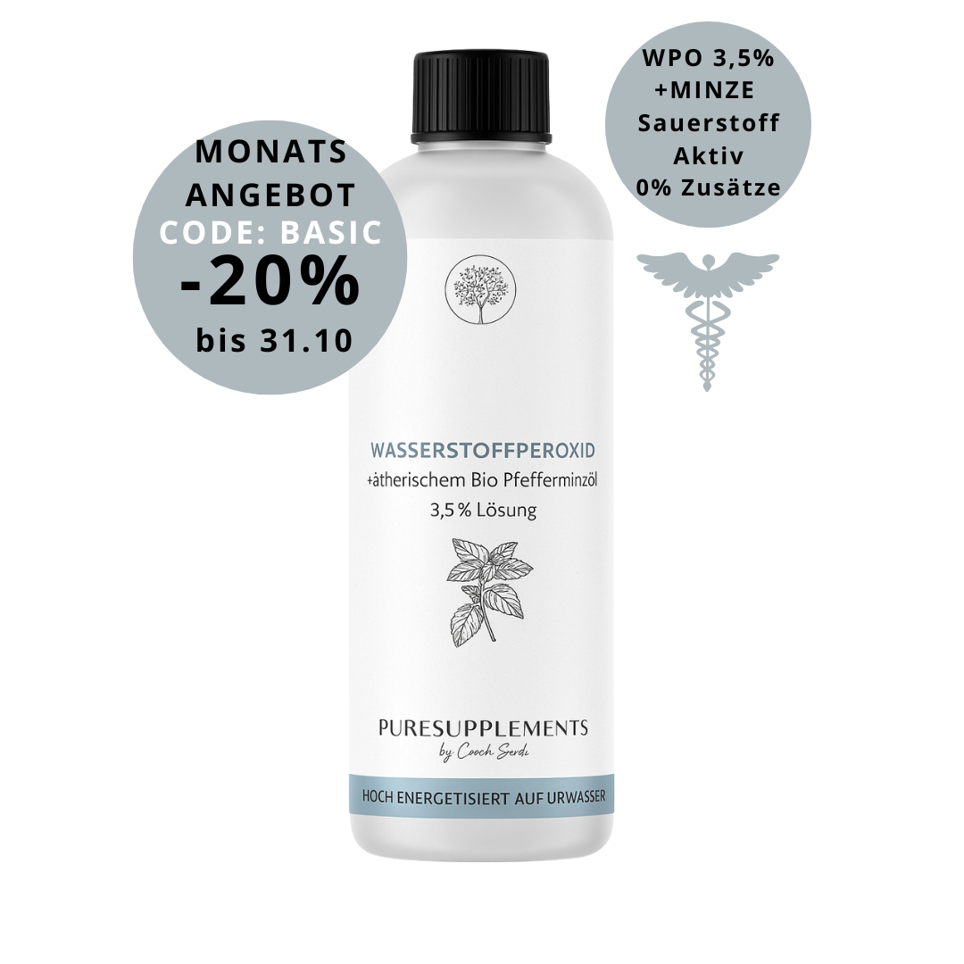Premium Wasserstoffperoxid  -  H2O2 3,5% mit Bio PFEFFERMINZÖL hoch energetisiert auf Hexagonalem Urwasser (wpo, Minze,  Sauerstoff Akiv,  0% Zusätze, 250ML!)
