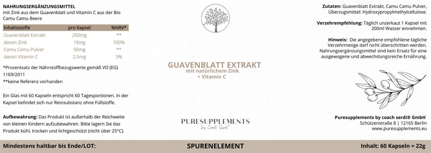 Premium Zink aus  Guavenblätter Extrakt mit Bio Camu Camu (Zink+Vitamin C, Vegan, GMO-Frei, 100% pflanzlich, hohe Bioverfügbarkeit)