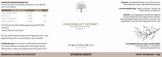 Premium Zink aus  Guavenblätter Extrakt mit Bio Camu Camu (Zink+Vitamin C, Vegan, GMO-Frei, 100% pflanzlich, hohe Bioverfügbarkeit)
