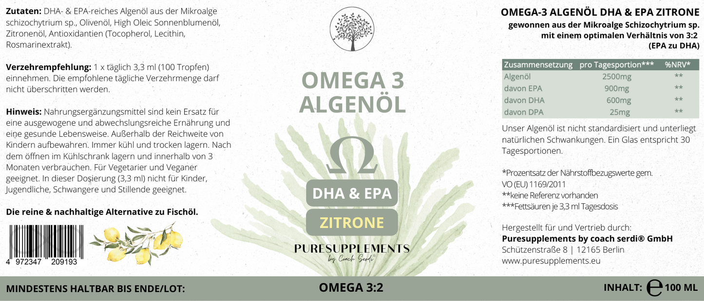 NEU: Omega 3 Algenöl  DHA+EPA & DPA mit 3:2 Verhältnis (EU Algenöl mit Bio Zitronenöl & Bio Olivenöl, vegan, frisch mildes Aroma, 100ML)