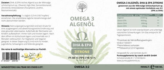 NEU: Omega 3 Algenöl  DHA+EPA & DPA mit 3:2 Verhältnis (EU Algenöl mit Bio Zitronenöl & Bio Olivenöl, vegan, frisch mildes Aroma, 100ML)