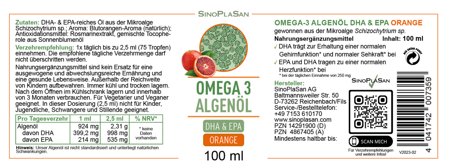 Omega 3 Algenöl  DHA + EPA (Blutorange, vegan, 100ML)