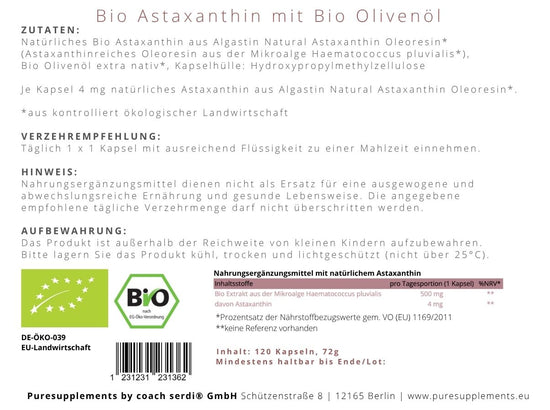 Premium Bio Astaxanthin 4mg mit Bio Olivenöl aus Spitzenanbau Europa (Vollspektrum Komplex, vegan, Kaltpressung nativ, 120 Kapseln)
