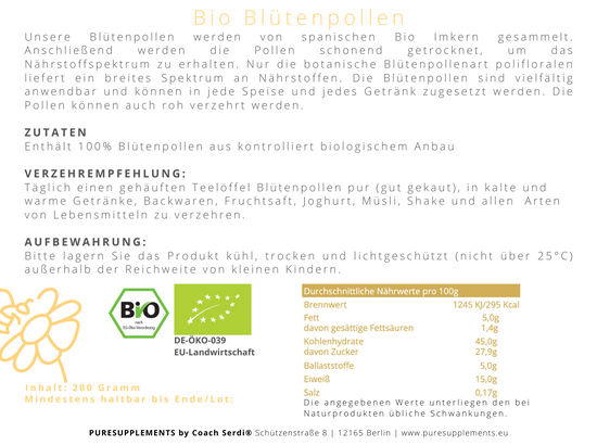 Bio Blütenpollen Rohkost aus Spitzenanbau Spanien (Bio Imkerei, Zuckeralternative, Vegan, 200g)