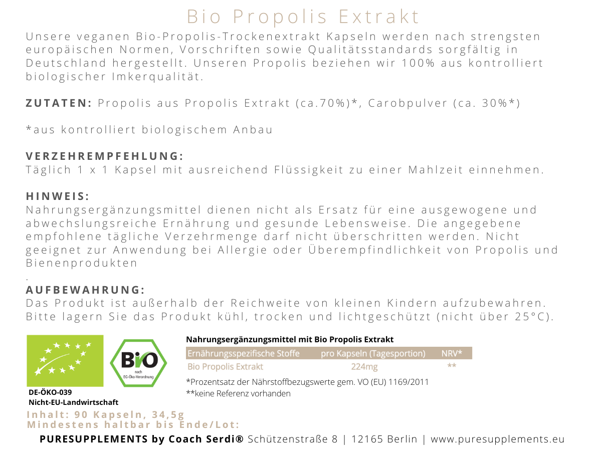 Bio Propolis Extrakt mit Carobpulver (Bio Imkerqualität, 90 Kapseln, vegan, ohne Alkohol)