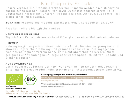 Bio Propolis Extrakt mit Carobpulver (Bio Imkerqualität, 90 Kapseln, vegan, ohne Alkohol)