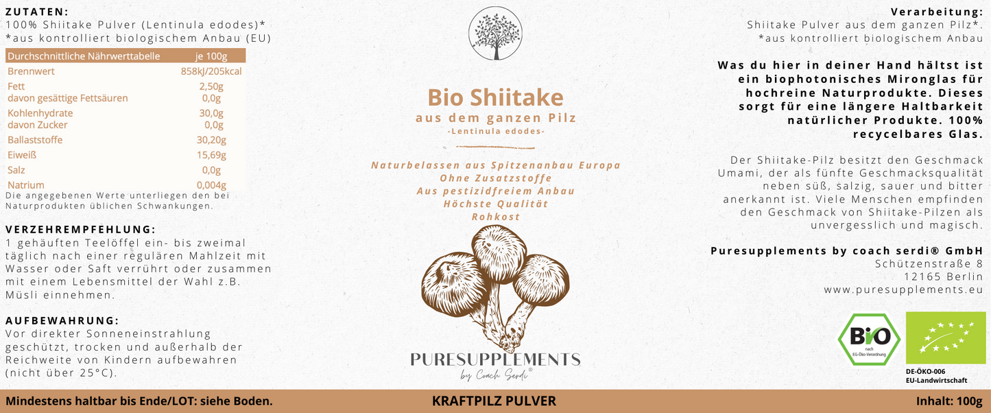 Bio Shiitake Pilz aus Spitzenanbau Europa (Synergetikum Vitalstoffkomplex, Premium Rohkostqualität, hochwertiger Vollspektrum Kraftpilz aus pestizidfreiem EU-Anbau, Pulver, 100g, Mironglas)