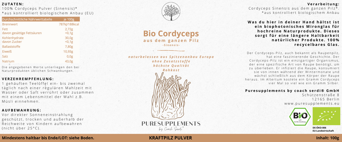 Bio Cordyceps Pilz aus Spitzenanbau Europa (Synergetikum Vitalstoffkomplex, Premium Rohkostqualität, hochwertiger Vollspektrum Kraftpilz aus pestizidfreiem EU-Anbau, Pulver, 100g, Mironglas)