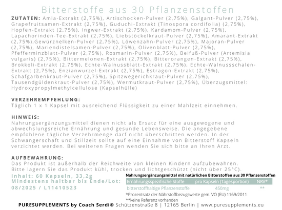 Bitterstoff Matrix Komplex aus 30 naturbelassenen Pflanzenstoffen (Bitterstoff Extrakt, ohne Alkohol, Vegan, Kräuter, GMO-FREE)