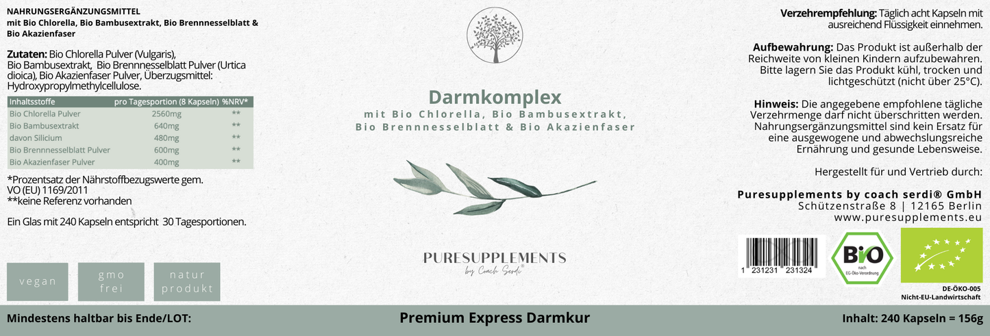 Darmkomplex aus Bio Chlorella, Bio Bambusextrakt, Bio Brennnesselblatt & Bio Akazienfaser (XL Pack, Darmkur, 75% Silizium, 240 Kapseln)