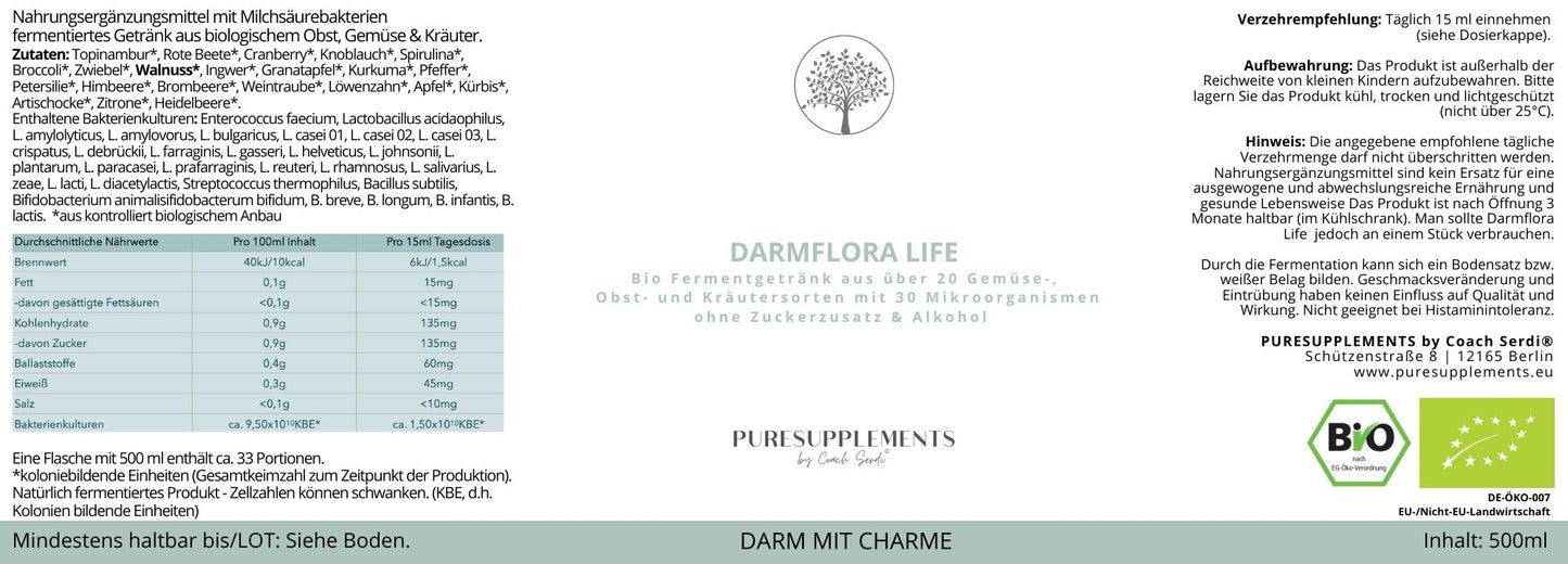 Premium Bio DARMFLORA LIFE Symbiotika Enzym-Fermentgetränk mit 30 Bakterienkulturen (500ml, ohne Zuckerzusatz, Darm mit Charme)