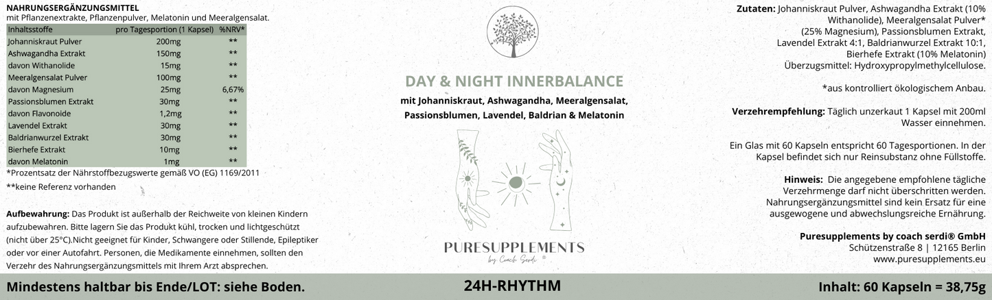 DAY & NIGHT INNERBALANCE (100% Pflanzenkomplex aus Johanniskraut,  Baldrian, Ashwagandha, Lavendel, Passionsblume, Bio Magnesium & Melatonin , Wach & Schlaf Rythmus)