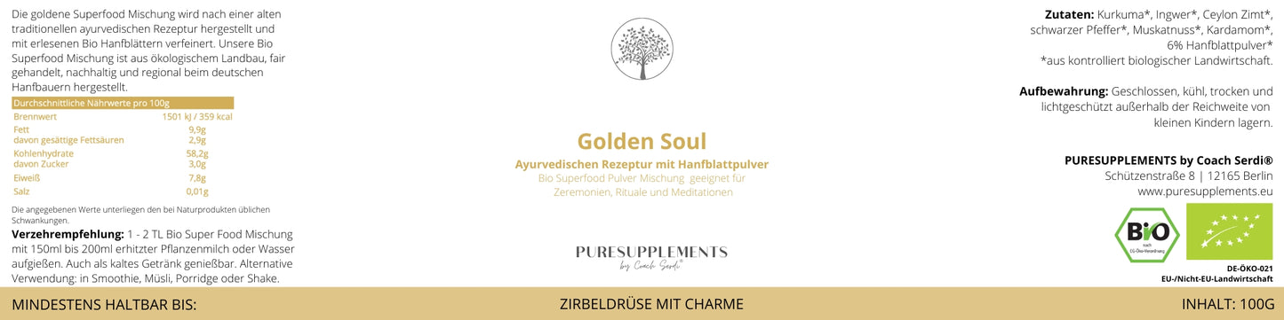 Bio Golden Soul nach traditionell ayurvedische Rezeptur (Goldene Hanfmilch, Rohkost Pulver, Regional, Glas, 100g)