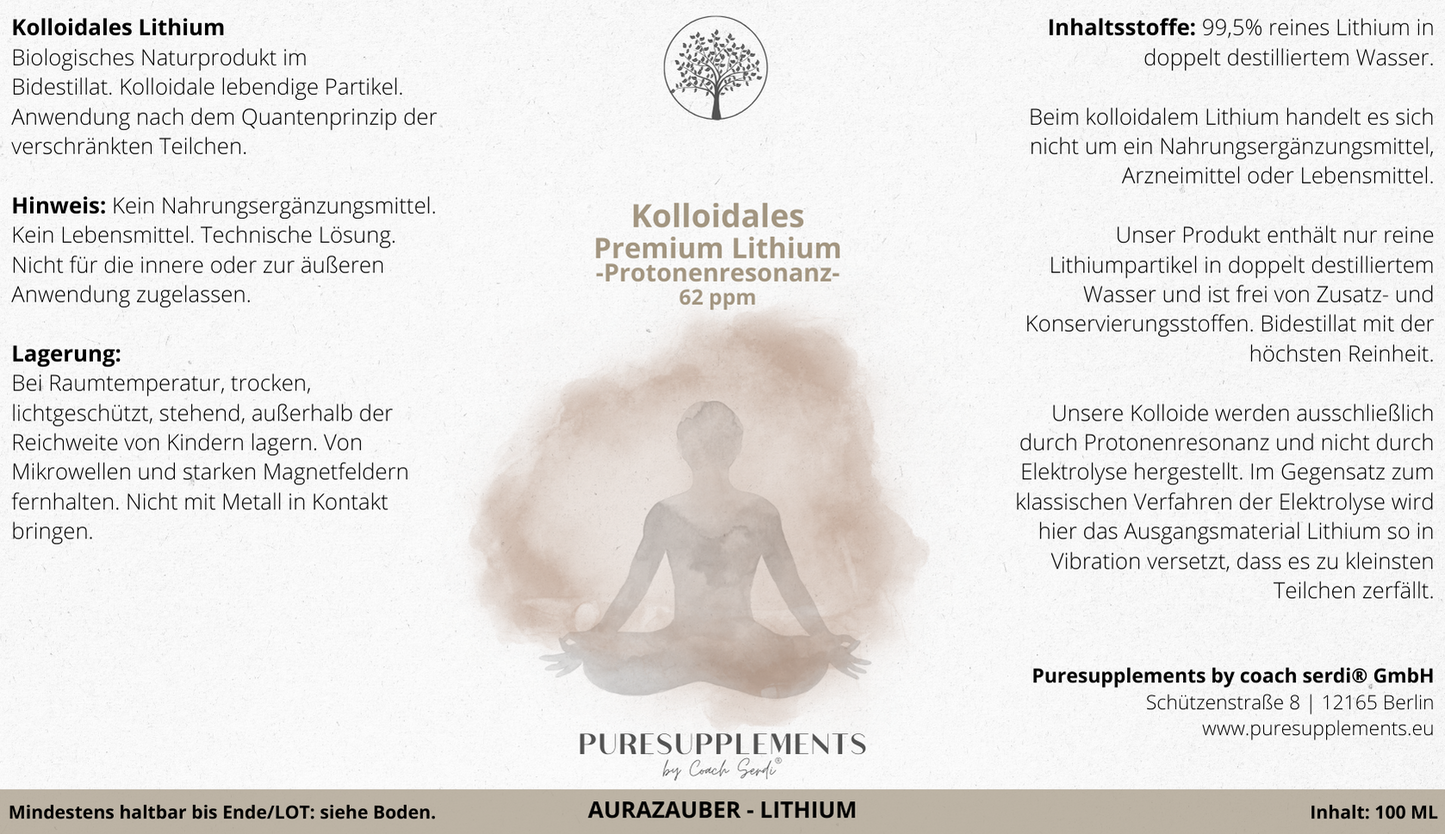 Kolloidales Ionic Lithium 62 ppm - Protonenresonanz  (100ml, Bidestillat, Mironglas, +Sprühkopf)