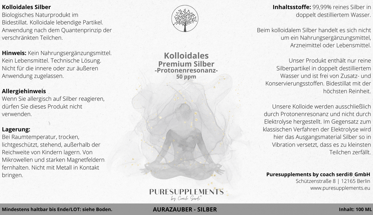 Kolloidales Ionic Silber 50 ppm - Protonenresonanz  (100ml, Bidestillat, Mironglas, +Sprühkopf)