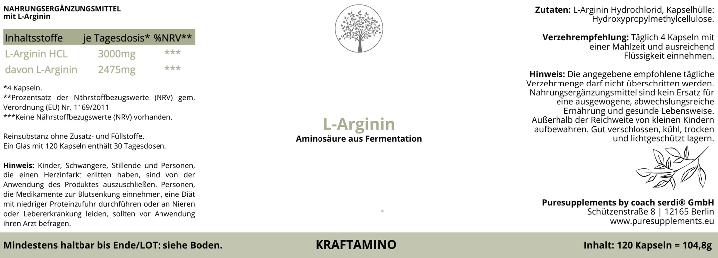 Premium L-Arginin Kraftamino aus pflanzlicher Fermentation (Original HCL-Aminosäure, 100% pflanzlich, 120 Kapseln, GMO-Free)