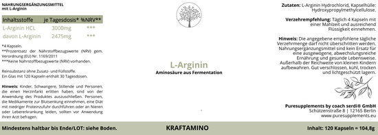 Premium L-Arginin Kraftamino aus pflanzlicher Fermentation (Original HCL-Aminosäure, 100% pflanzlich, 120 Kapseln, GMO-Free)