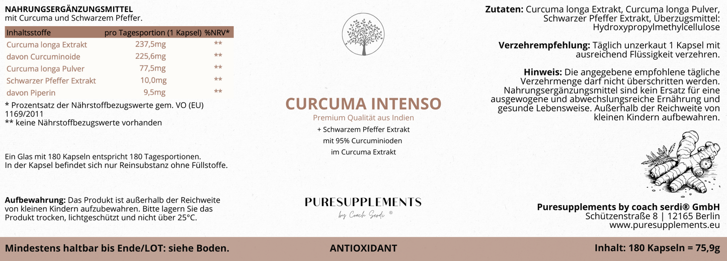 Curcumin Komplex Intenso (Vollspektrum aus longa Curcumaextrakt, Longa Kurcuma Pulver & Schwarzer Pfeffer Extrakt, 95% hoher Anteil an Curcuminoide & Piperin, 180 Kapseln)