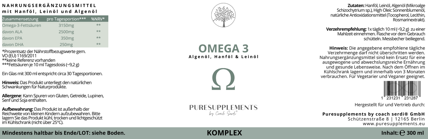 Premium Omega 3 KOMPLEX (Algenöl mit Bio Hanföl & Bio Leinöl, EPA+DHA 3:2 + ALA, vegan, 300ML, mild-nussig)
