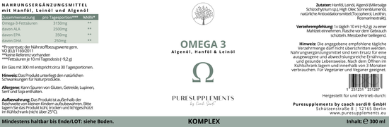 Premium Omega 3 KOMPLEX (Algenöl mit Bio Hanföl & Bio Leinöl, EPA+DHA 3:2 + ALA, vegan, 300ML, mild-nussig)