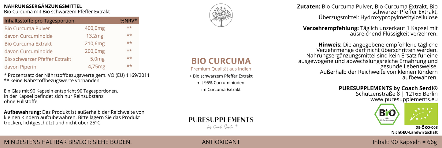 Premium Bio Curcuma Extrakt und Bio Curcuma Pulver mit Bio Schwarzer Pfeffer Extrakt (Kurkuma Komplex)