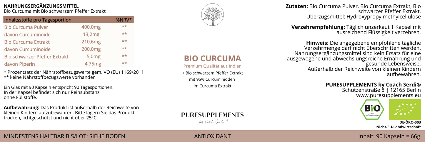 Premium Bio Curcuma Extrakt und Bio Curcuma Pulver mit Bio Schwarzer Pfeffer Extrakt (Bio Kurkuma Vollspektrum Komplex, 95% hoher Anteil an Curcuminoide)