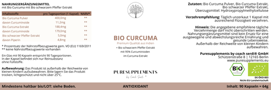 Premium Bio Curcumin Komplex Flame (Bio Vollspektrum Komplex:  Bio Curcuma Extrakt und Bio Kurkuma Pulver mit Bio schwarzer Pfeffer Extrakt, 95% hoher Anteil an Curcuminoide, 90 Kapseln)