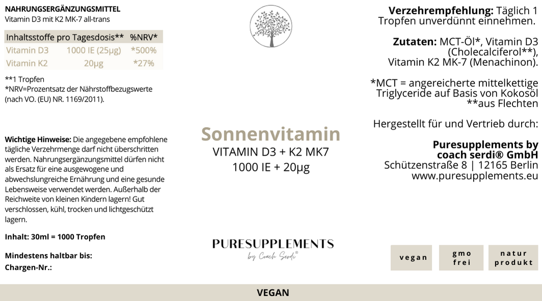 Premium Vitamin D3K2 VEGAN All Trans MK7 Tropfen - 30ML hoch bioverfügbar  mit 1000 Tropfen (Europa, Basic, aus Baumflechten, D3 1.000IE + K2MK7 20ug)