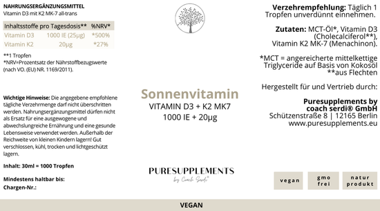 Premium Vitamin D3K2 VEGAN All Trans MK7 Tropfen - 30ML hoch bioverfügbar  mit 1000 Tropfen (Europa, Basic, aus Baumflechten, D3 1.000IE + K2MK7 20ug)