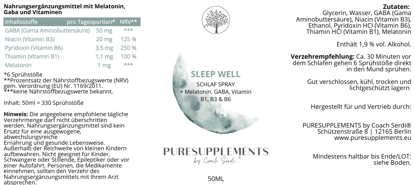 Sleep Well aus Melatonin & Gaba mit Vitamin B1, B3 & B6 (Schlafspray Komplex, 50ML)