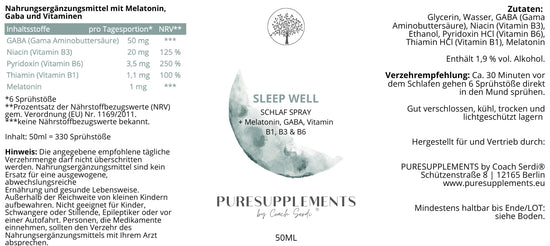Sleep Well aus Melatonin & Gaba mit Vitamin B1, B3 & B6 (Schlafspray Komplex, 50ML)