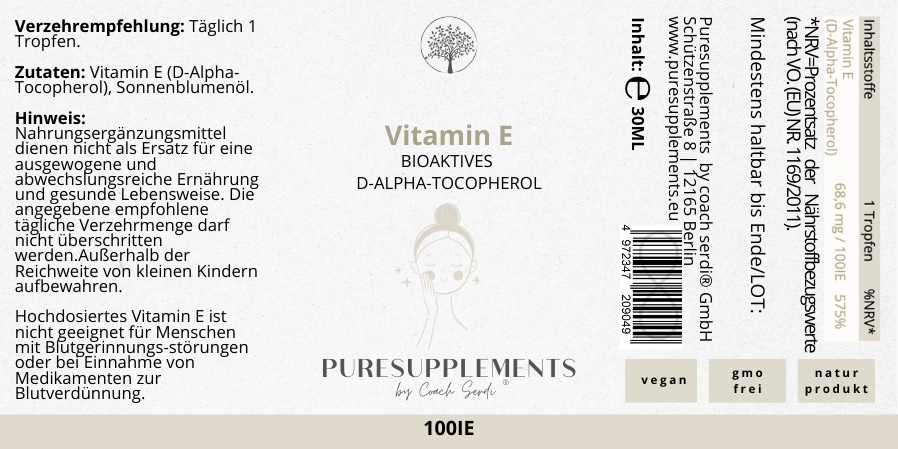 Premium Vitamin E Tropfen (Hautvitamin e, Pflanzlich, 30ml)