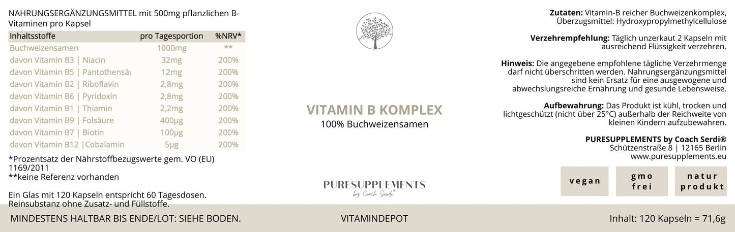 Premium Vitamin B Komplex aus 100% Buchweizensamen Keimlinge (B1,B2,B3,B5,B6,B7,B9,B12, B, Folsäure)