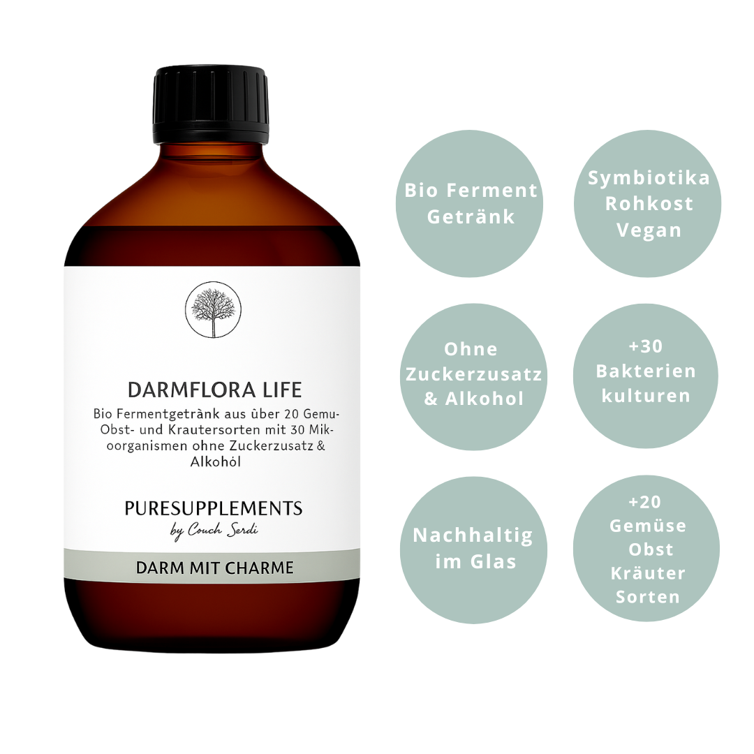 Premium Bio DARMFLORA LIFE Symbiotika Enzym-Fermentgetränk mit 30 Bakterienkulturen Komplex (500ml, ohne Zucker- und Alkoholzusatz, Darm mit Charme) Benefits 